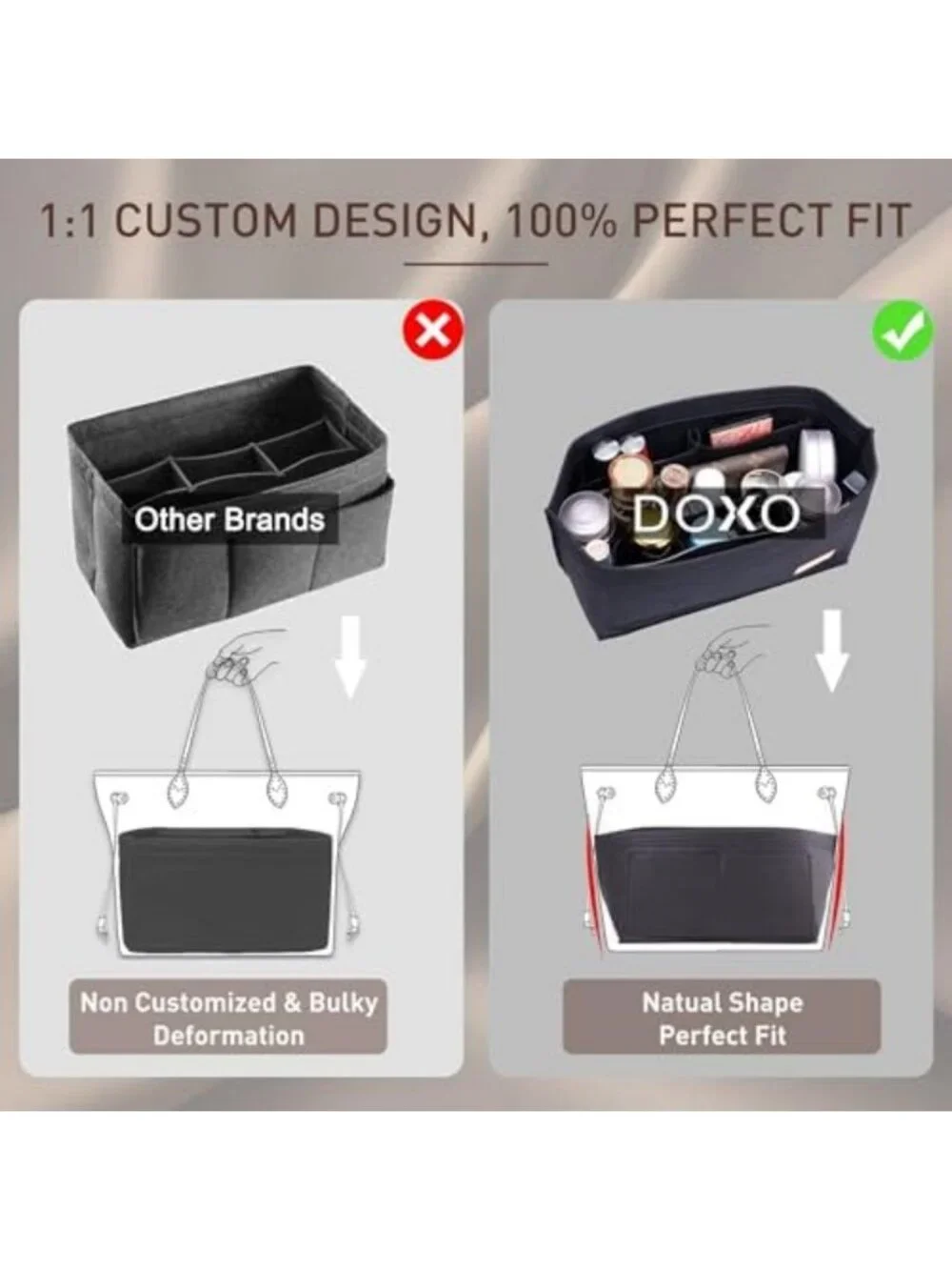 Purse Organizer Insert Set - Felt Handbag Base Shaper with Zipper Pocket
